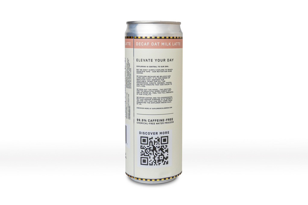 Decaf cold brew oat milk latte can with caffeine-free text and QR code