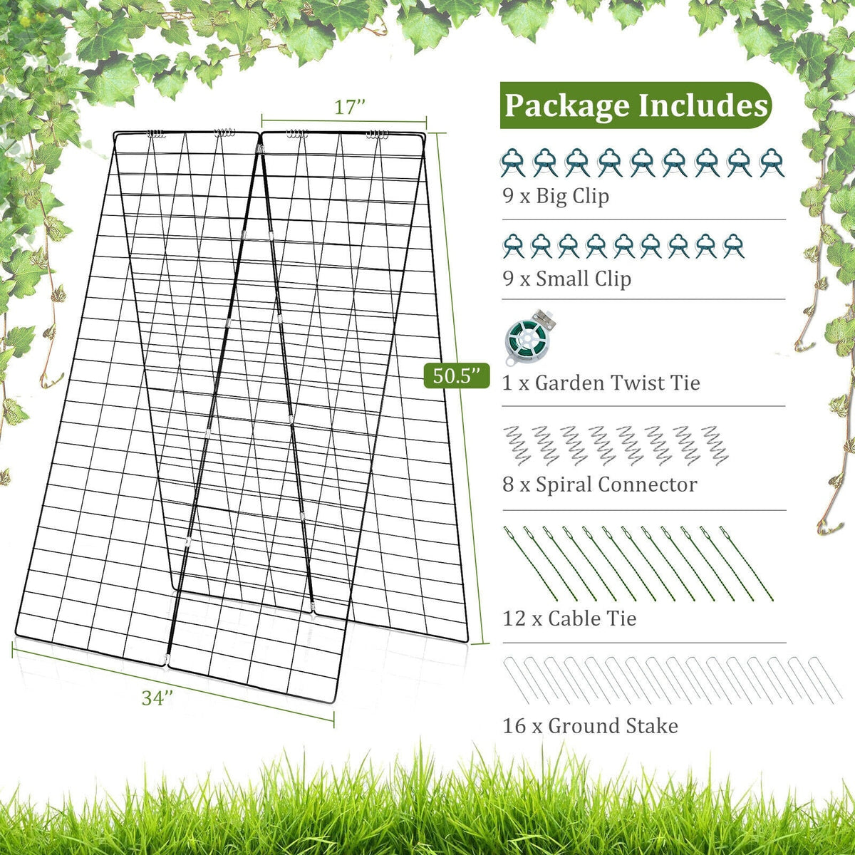 Folded green trellis panels with twist ties, spiral connectors, and cable ties kit