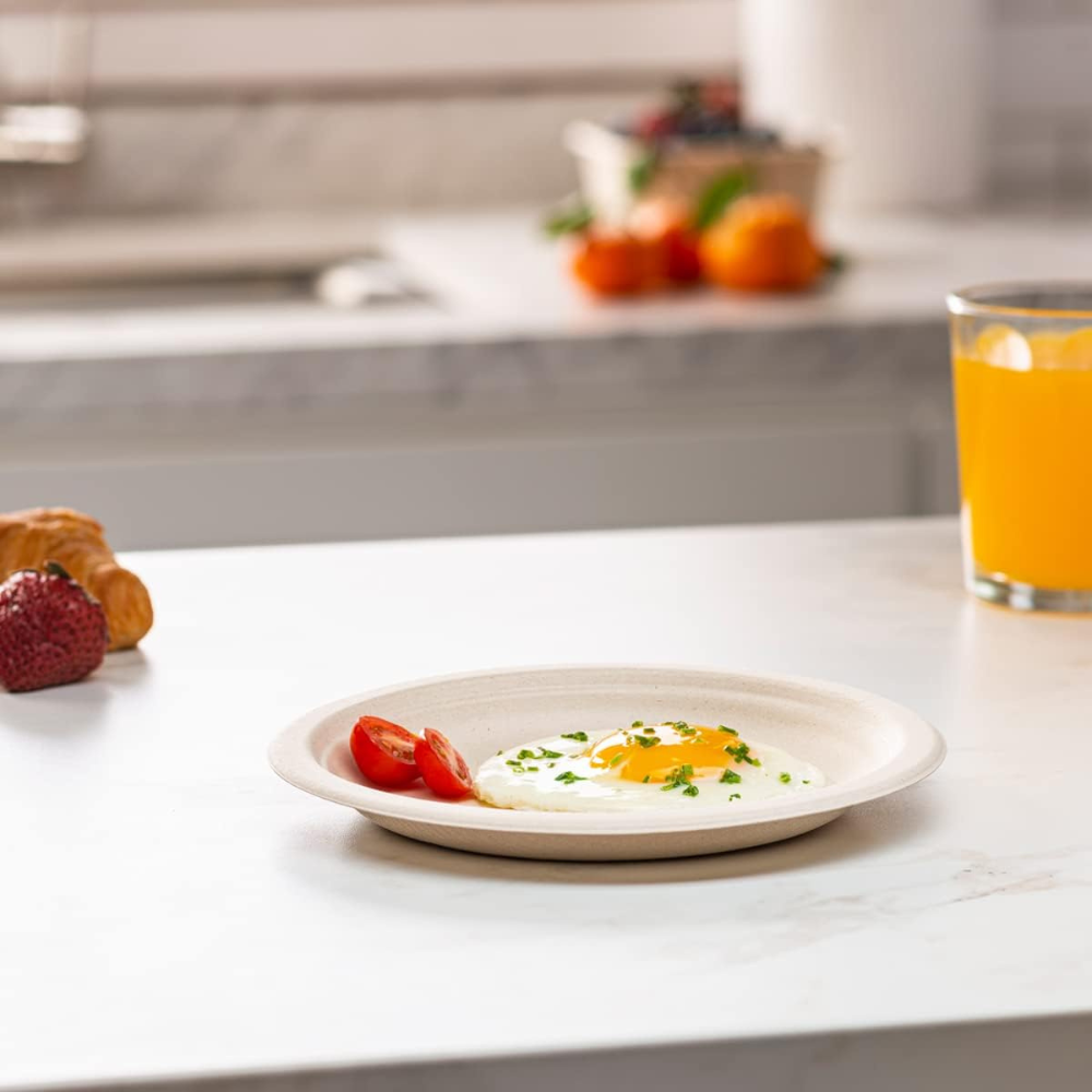 Unbleached paper plate with prepared meal, 7-inch size on tabletop