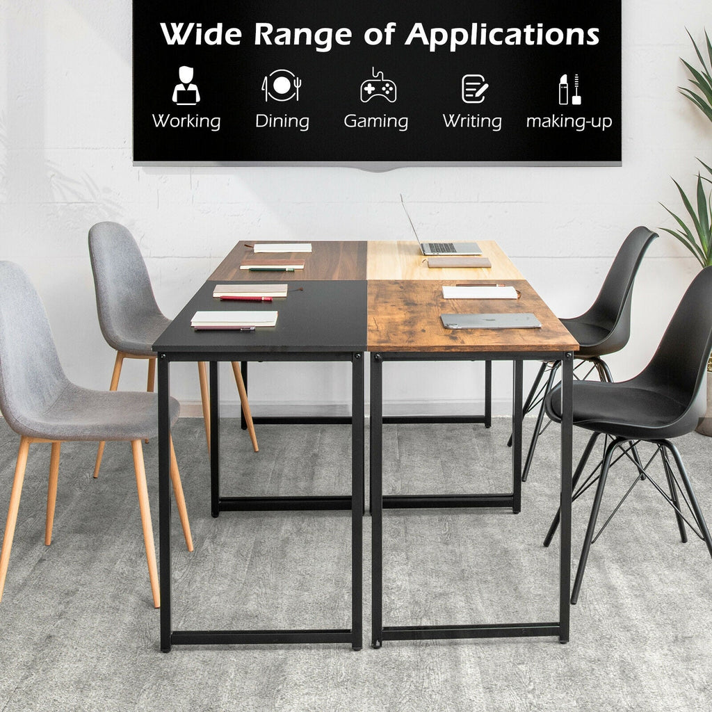 L-shaped computer desk with black metal frame and brown wood tabletop for office use.