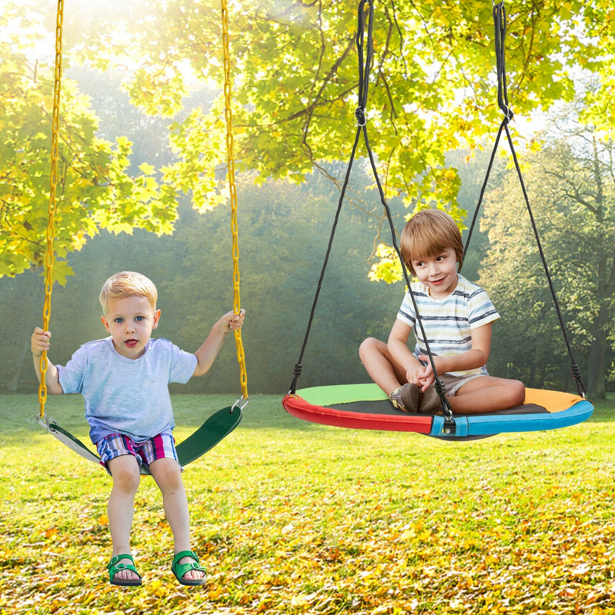 Multicolor saucer swing seat with yellow hanging chains for outdoor swings