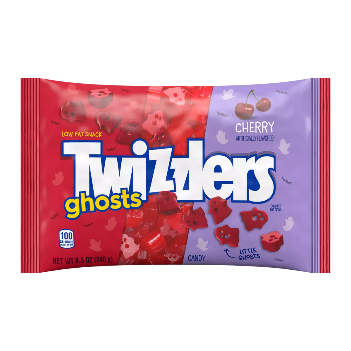 Cherry flavored chewy candy bag with ghost-shaped candy graphics