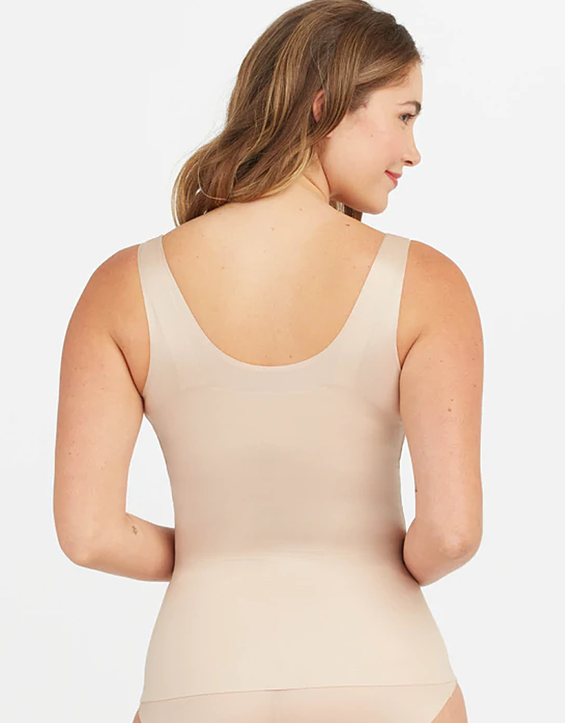 Champagne beige shaping tank top with scoop back and slim tank straps