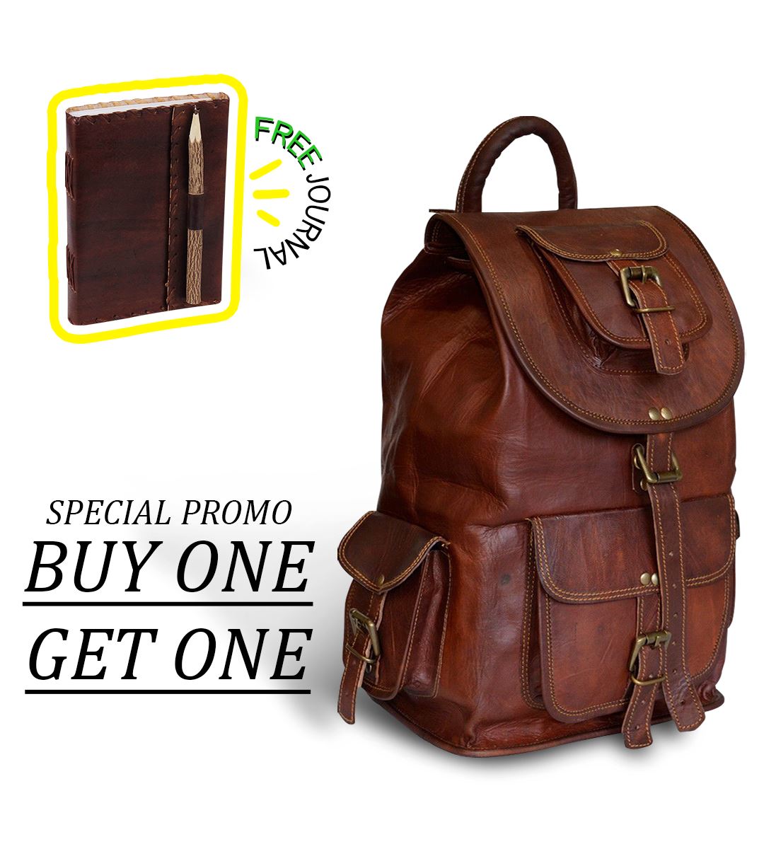 Brown leather hiking backpack with front flap, buckles, and adjustable straps