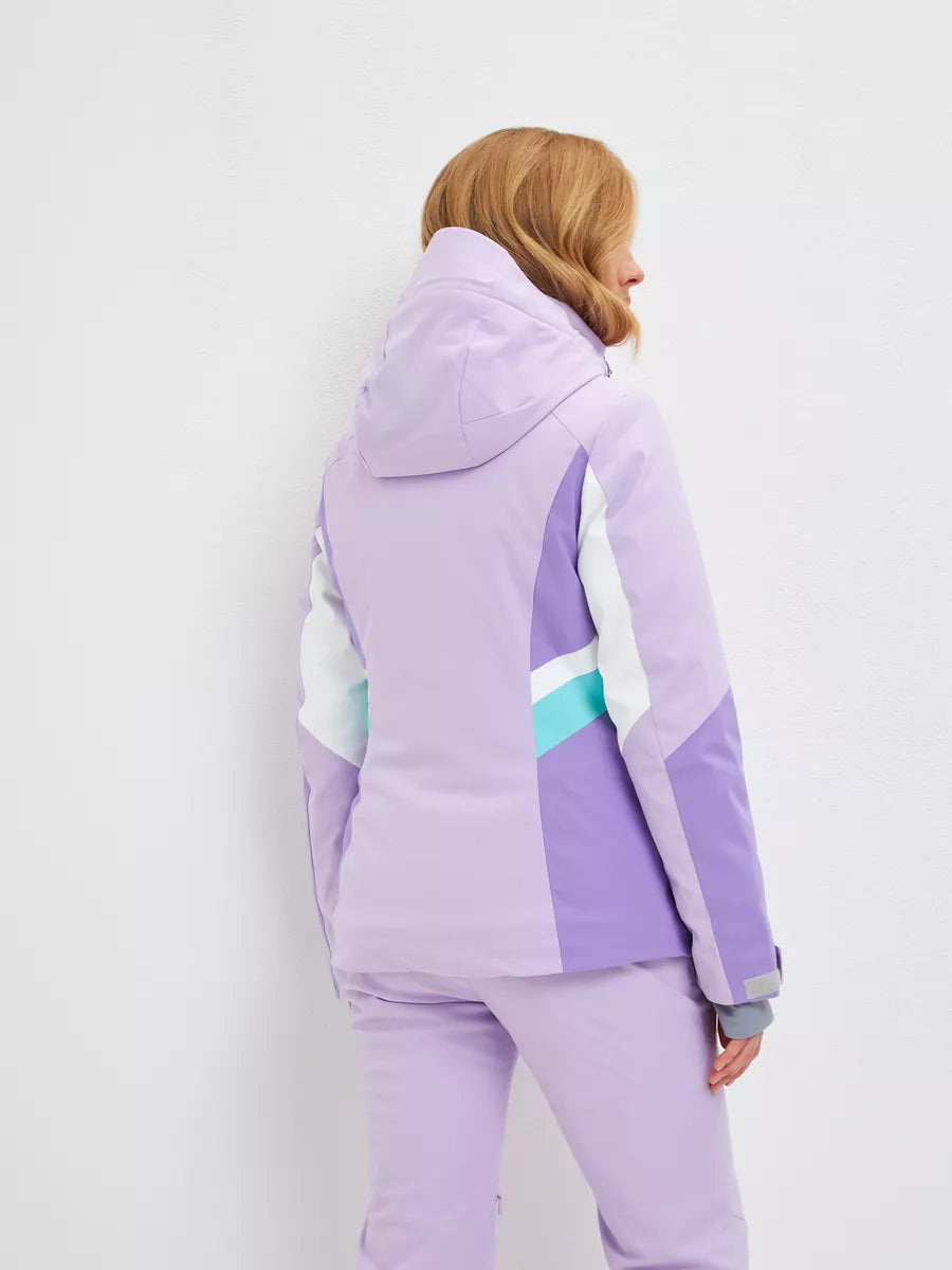 Lilac waterproof insulated jacket with hood and turquoise sleeve paneling