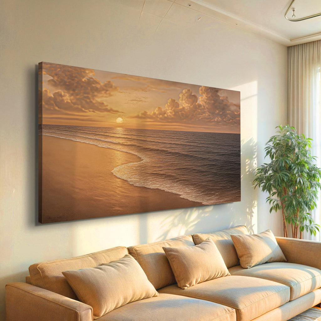 Beach shoreline canvas wall art with warm sunset tones and foamy ocean waves