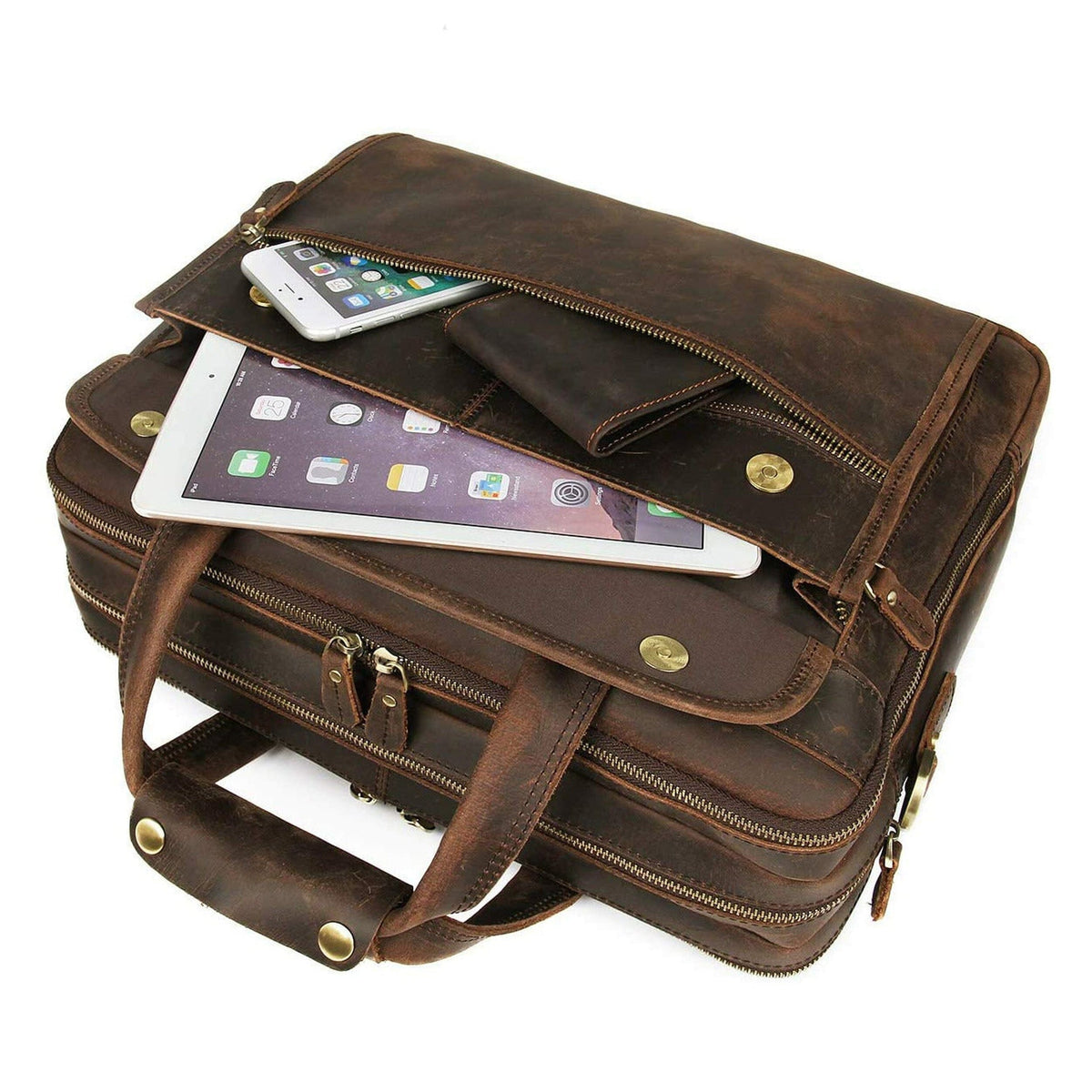 Brown leather briefcase with open compartments showing phone and document sleeves
