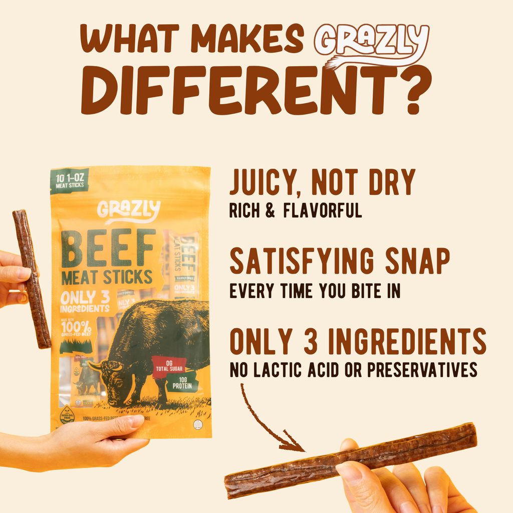 Beef meat sticks pouch and wrapped stick held in hands