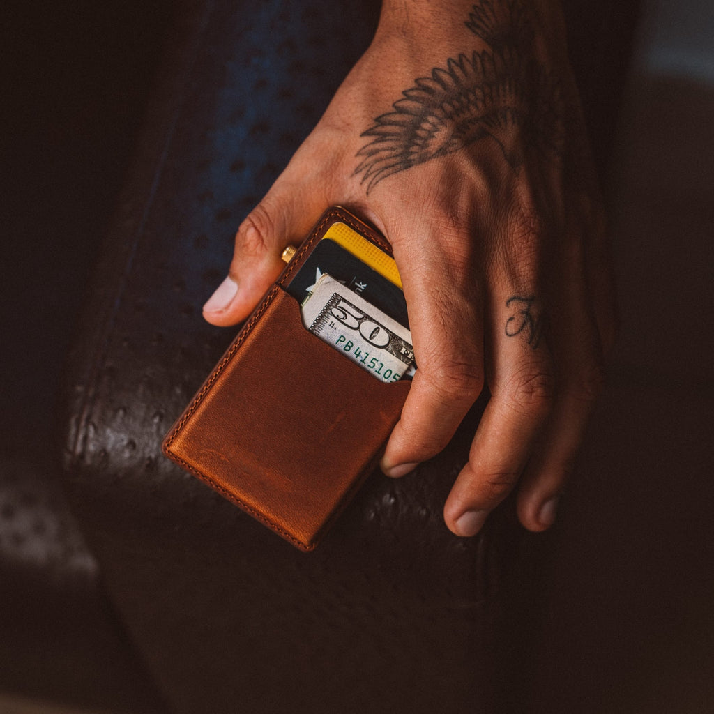 Brown leather mod wallet cardholder with cash, card pocket and gold trim