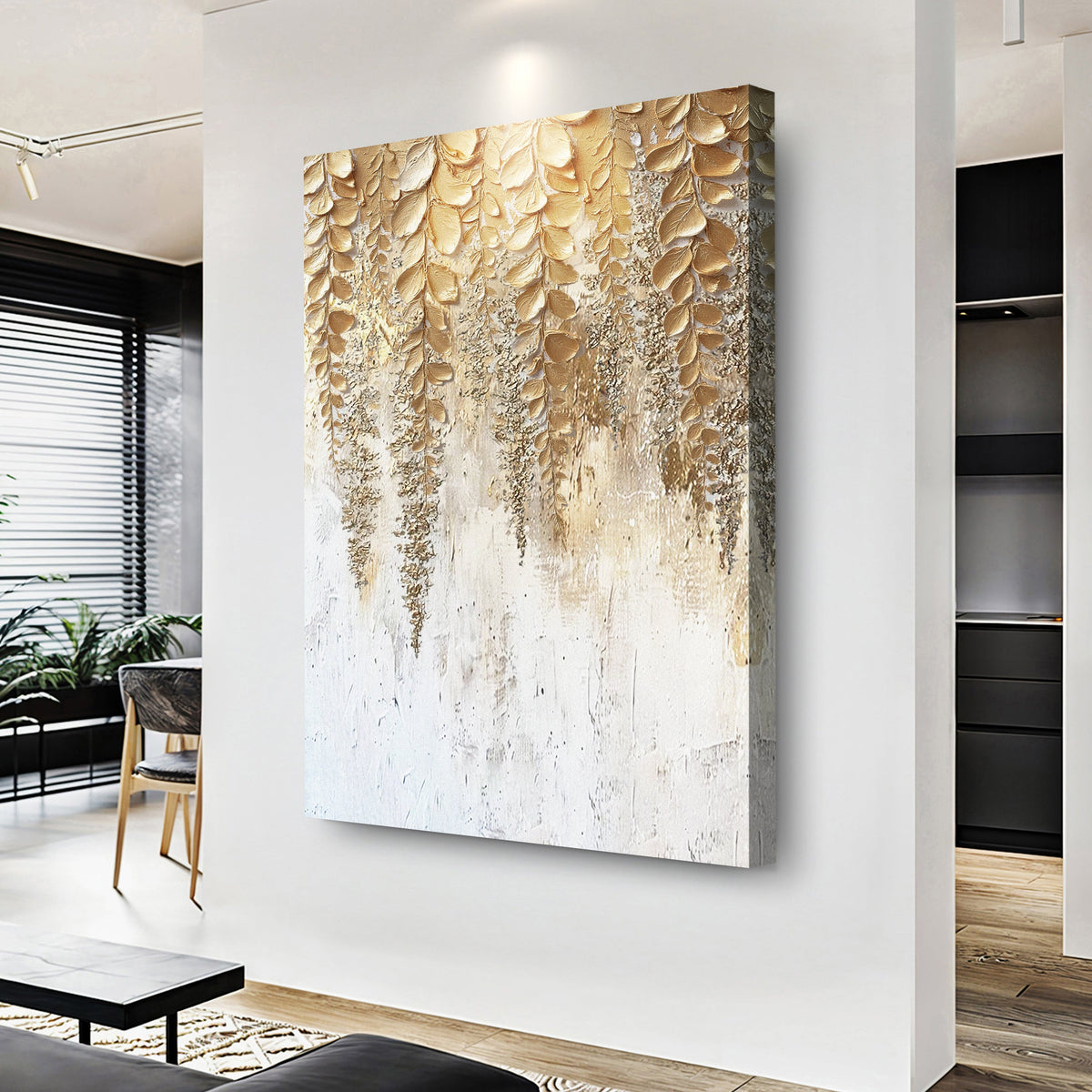 Gold botanical wall art canvas with textured leaf pattern over a white, distressed background