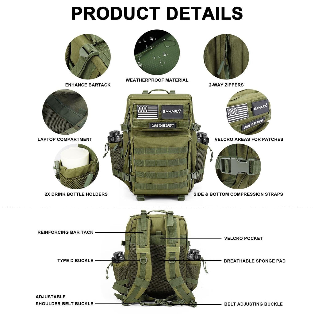 Olive green tactical backpack with laptop compartment, zippers, and compression straps