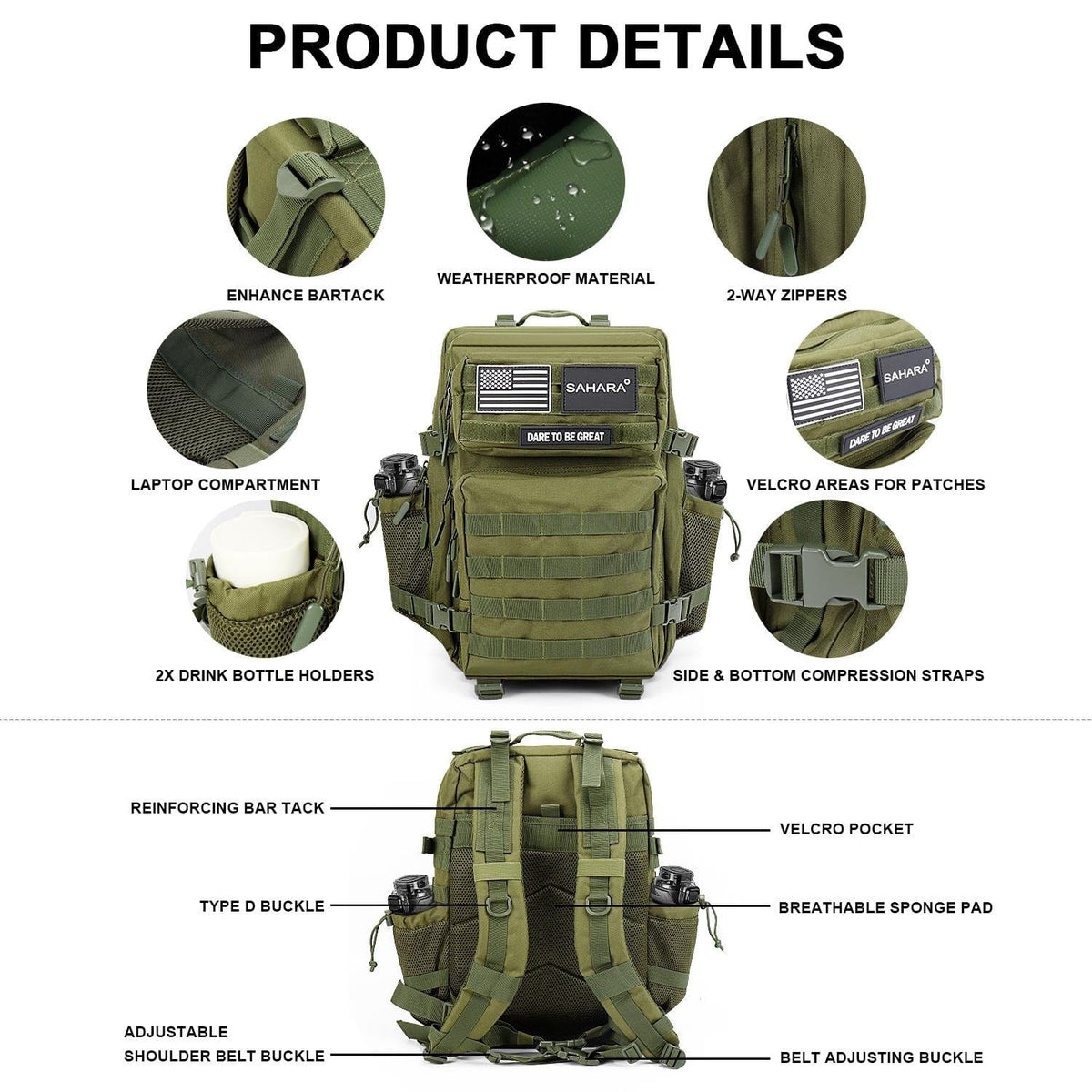 Olive green tactical backpack with laptop compartment, zippers, and compression straps