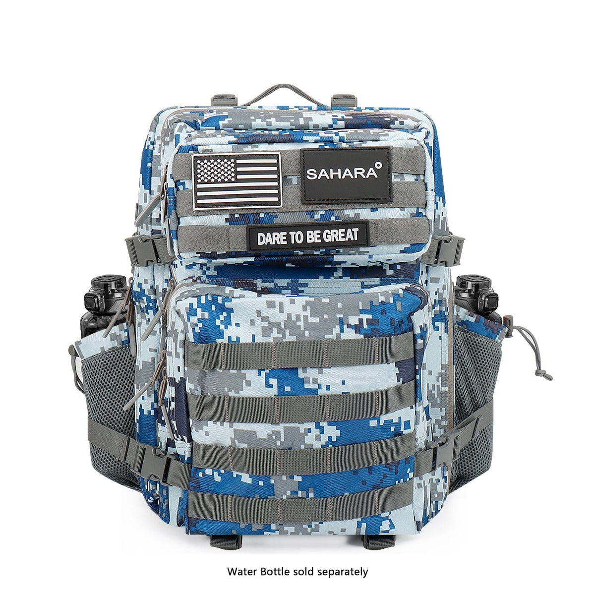 Blue camouflage travel backpack with front patch badge and multiple zip compartments.