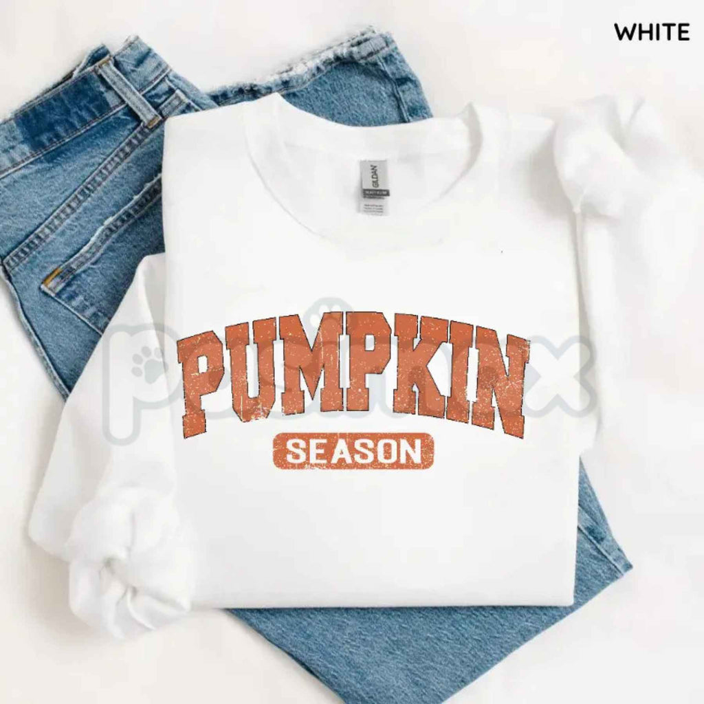 White sweatshirt with 'Pumpkin Season' graphic and crew neck long sleeves