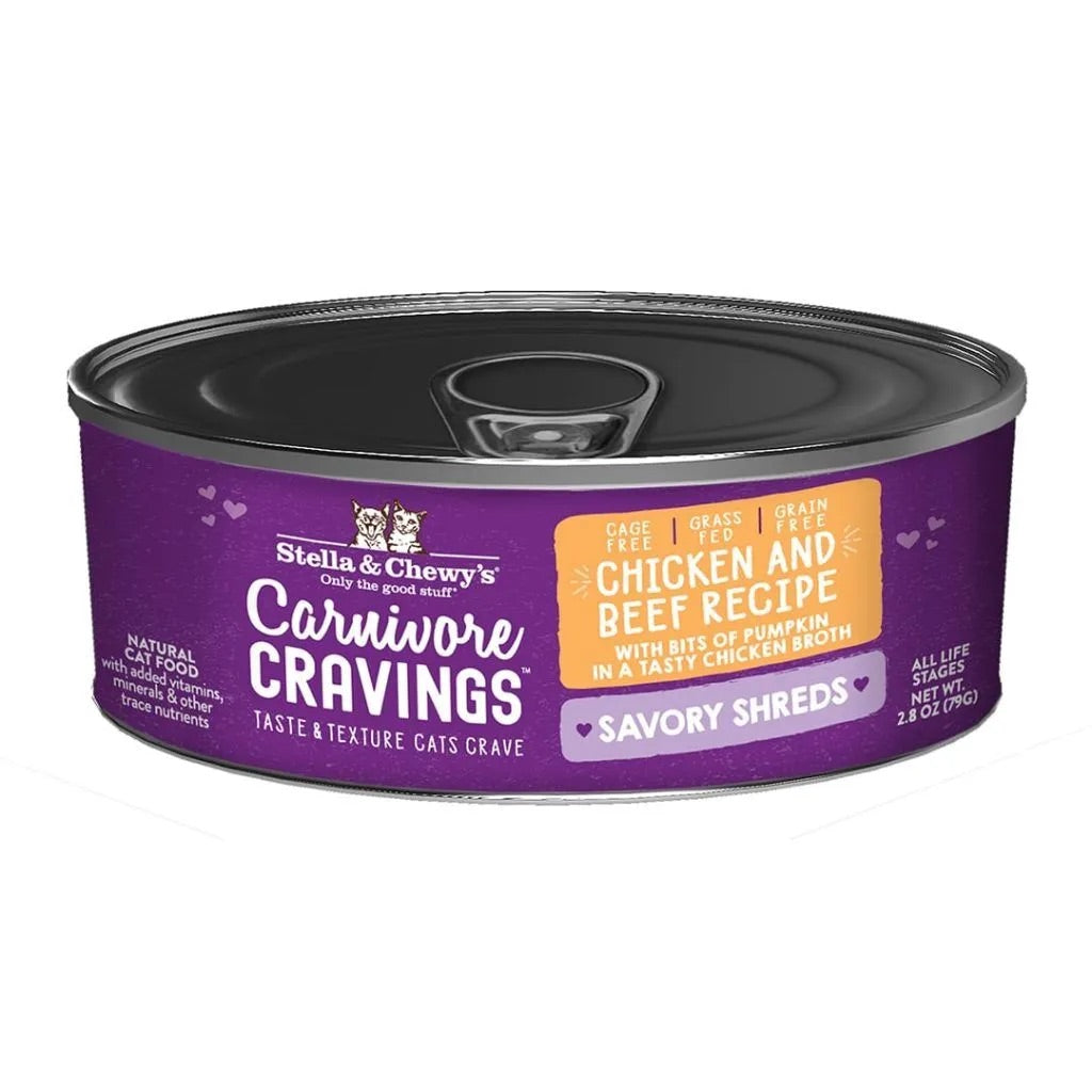 Purple cat food can with shredded chicken and beef, savory shreds label