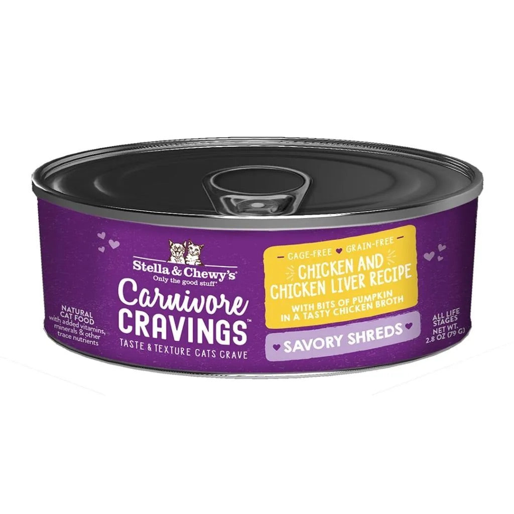 Cat food can with purple label, black lid, shredded chicken and chicken liver recipe