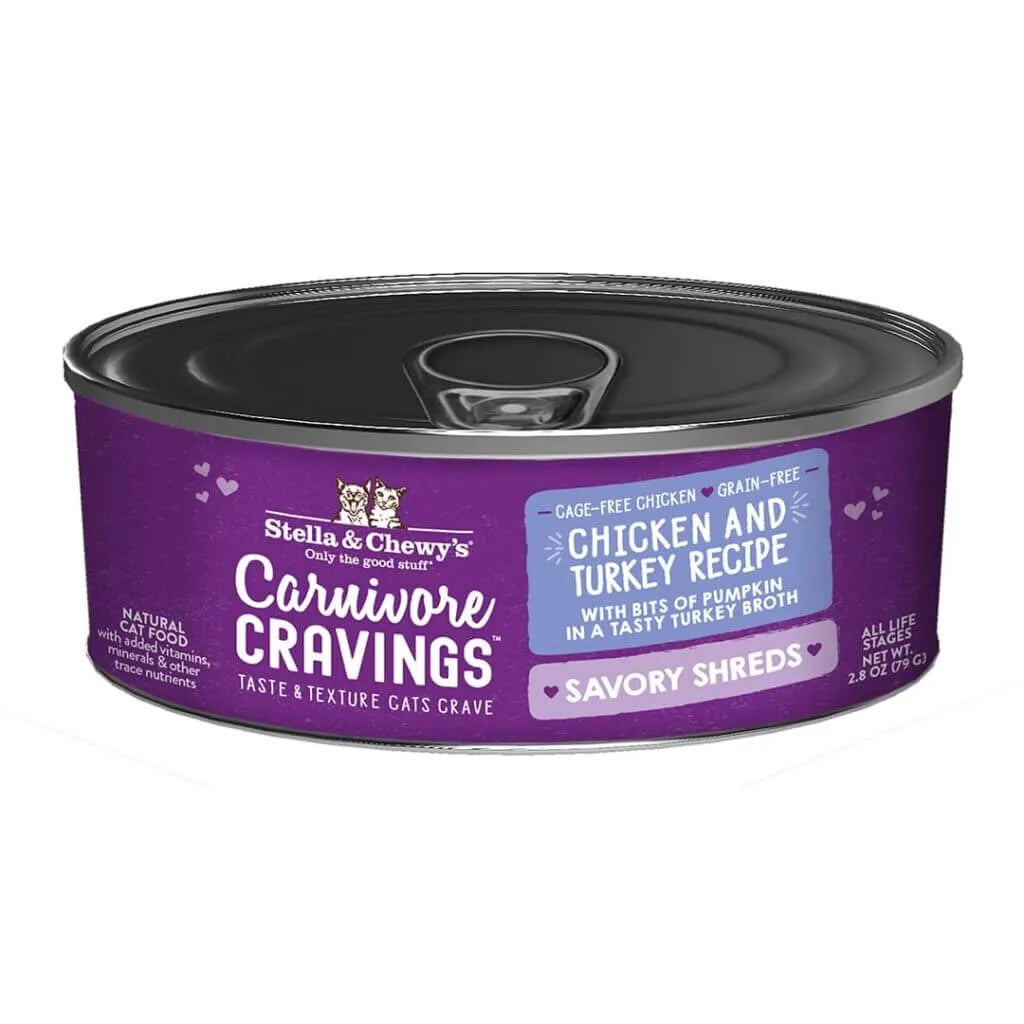 Stella & Chewy's shredded chicken & turkey cat food can, purple label (2.8 oz)
