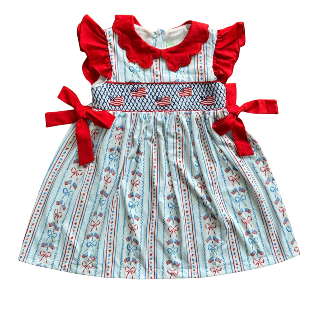 Girls patriotic smocked dress, red ruffled sleeves, blue striped skirt, bow details