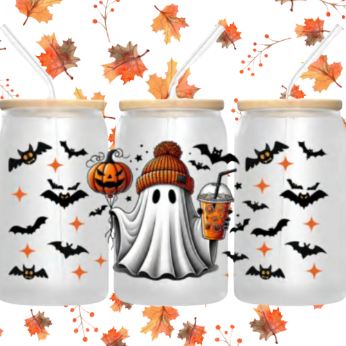 Set of three Halloween ghost tumblers with straws, jack-o’-lantern and bats print