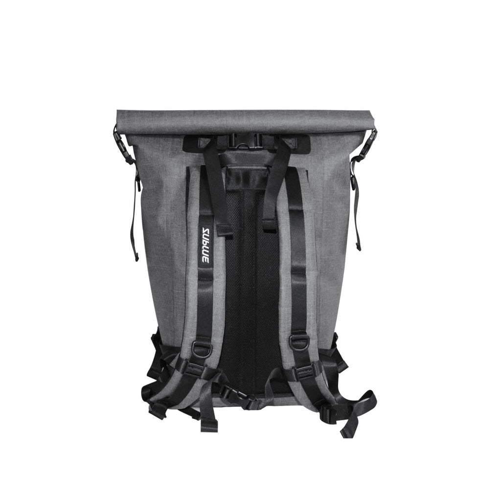 Gray waterproof 30L roll-top backpack back view with padded shoulder straps and ventilation pads
