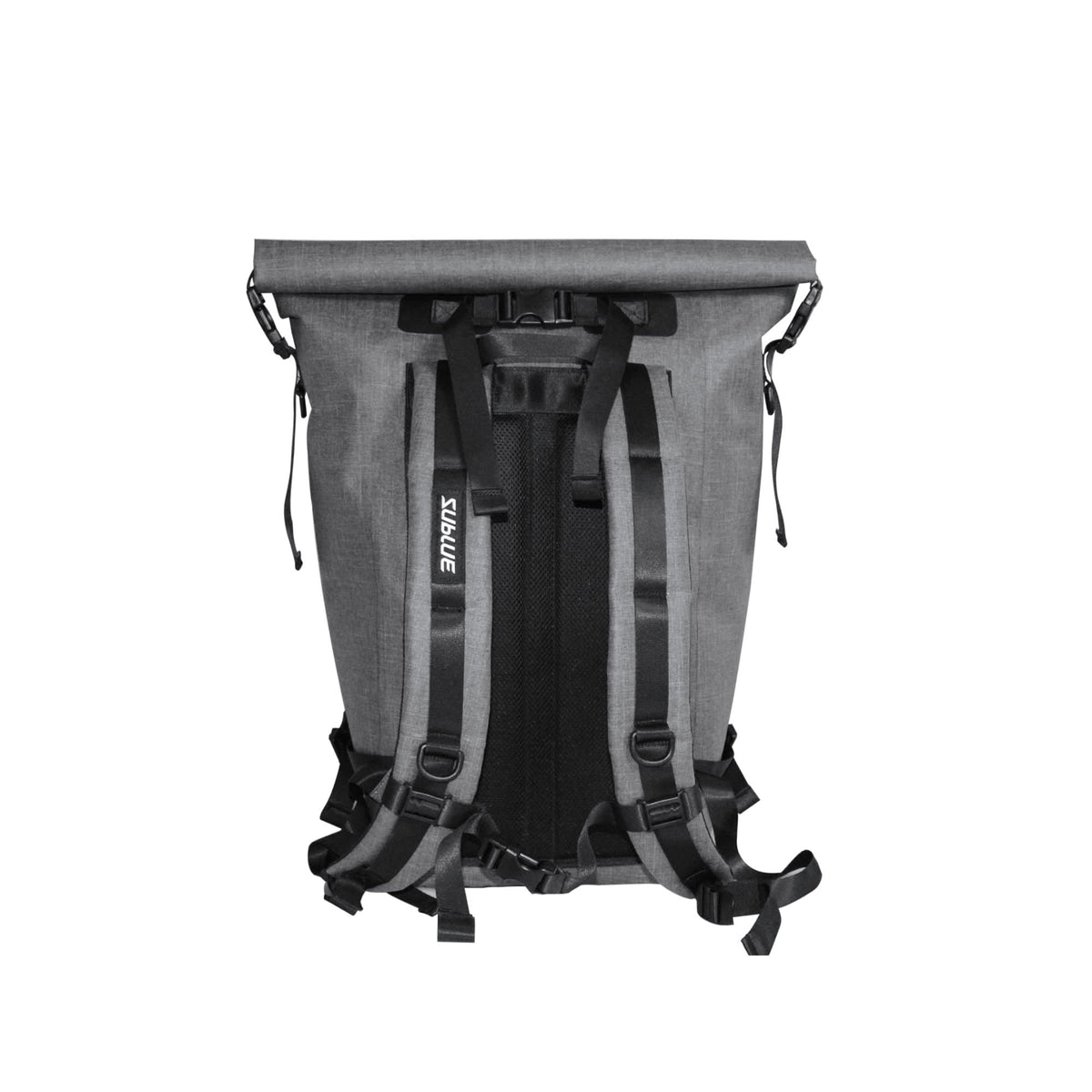Gray waterproof 30L roll-top backpack back view with padded shoulder straps and ventilation pads