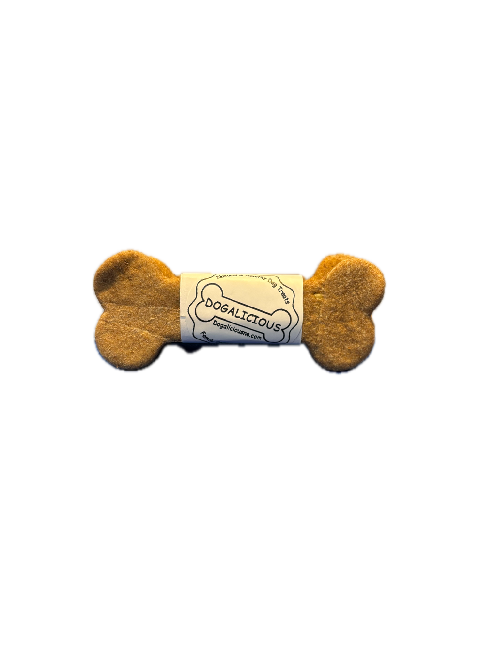 Bone-shaped dog biscuit wrapped with a Dogalicious paper band