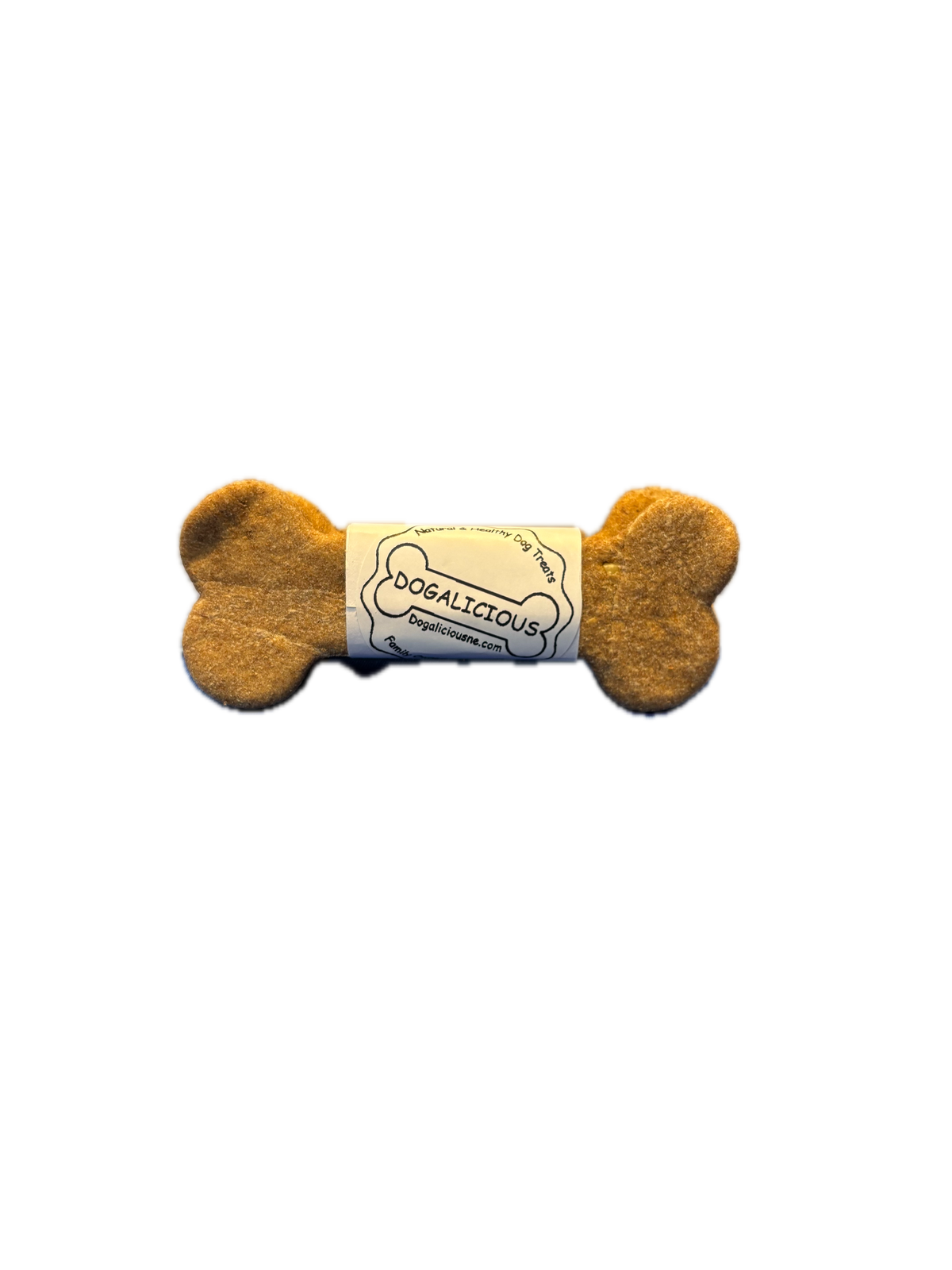 Bone-shaped dog biscuit wrapped with a Dogalicious paper band