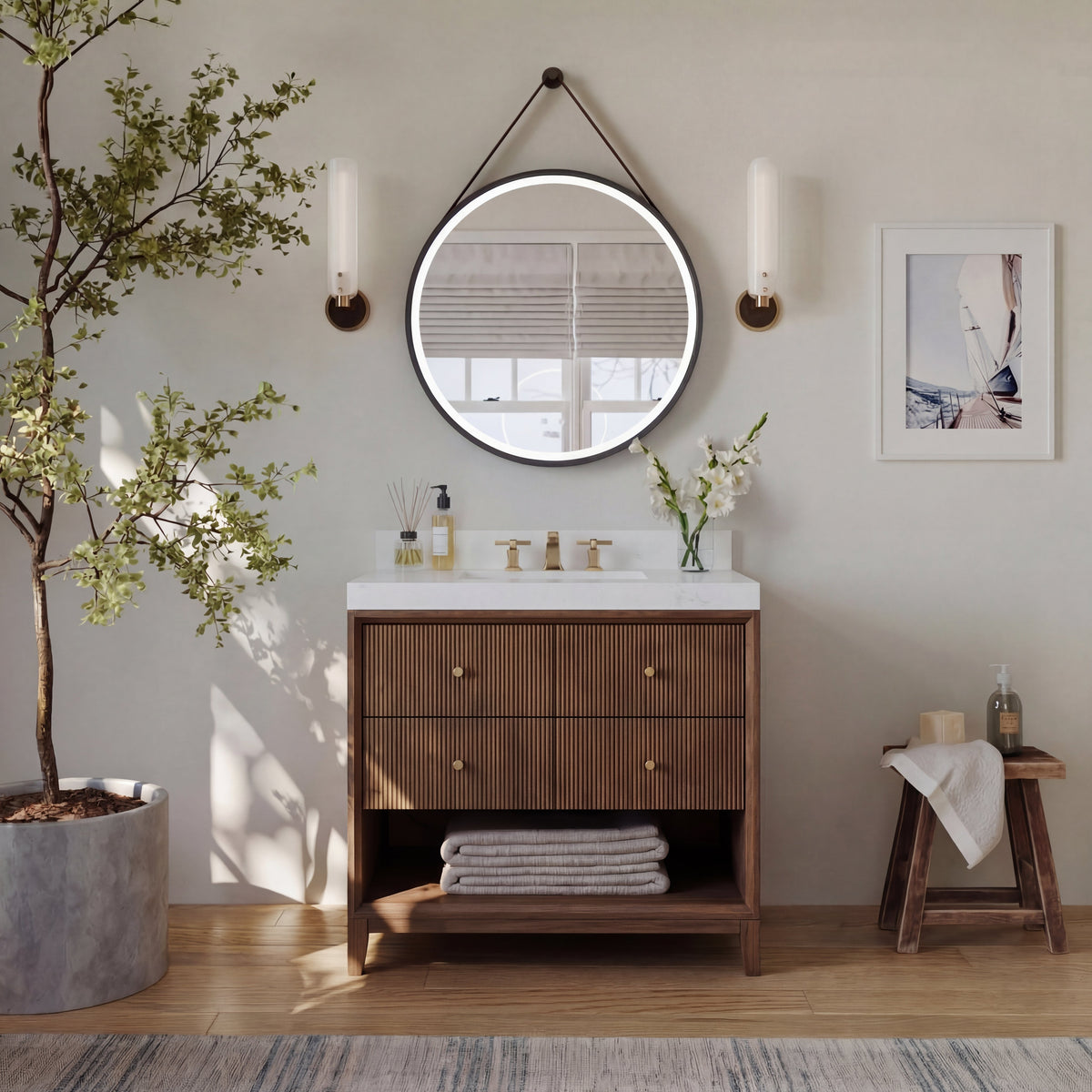 36-inch bath vanity set with wood cabinet, white countertop, round mirror and gold faucet