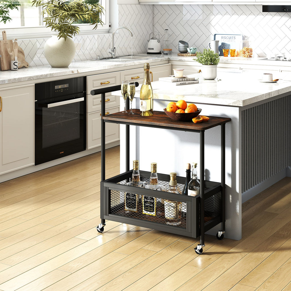 2-tier rolling end table with handle and mesh basket, dark frame, rustic brown top