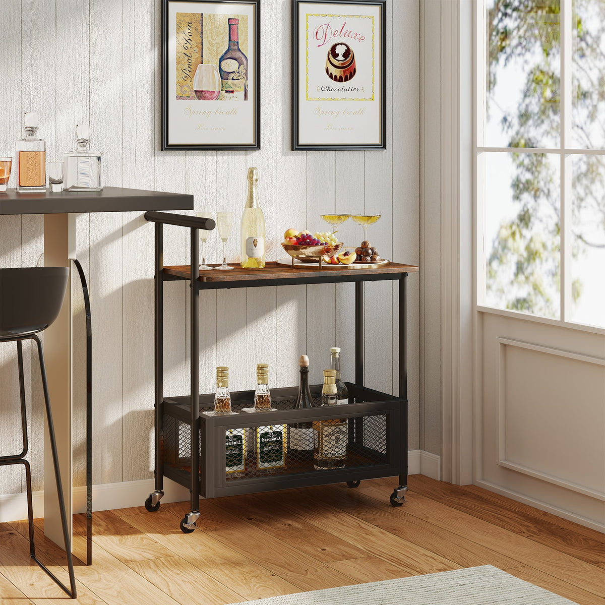 2-tier rolling end table with handle, mesh shelves with bottles and wine glasses