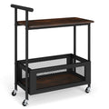 2-tier rolling end table with handle, dark frame, mesh lower shelf, caster wheels