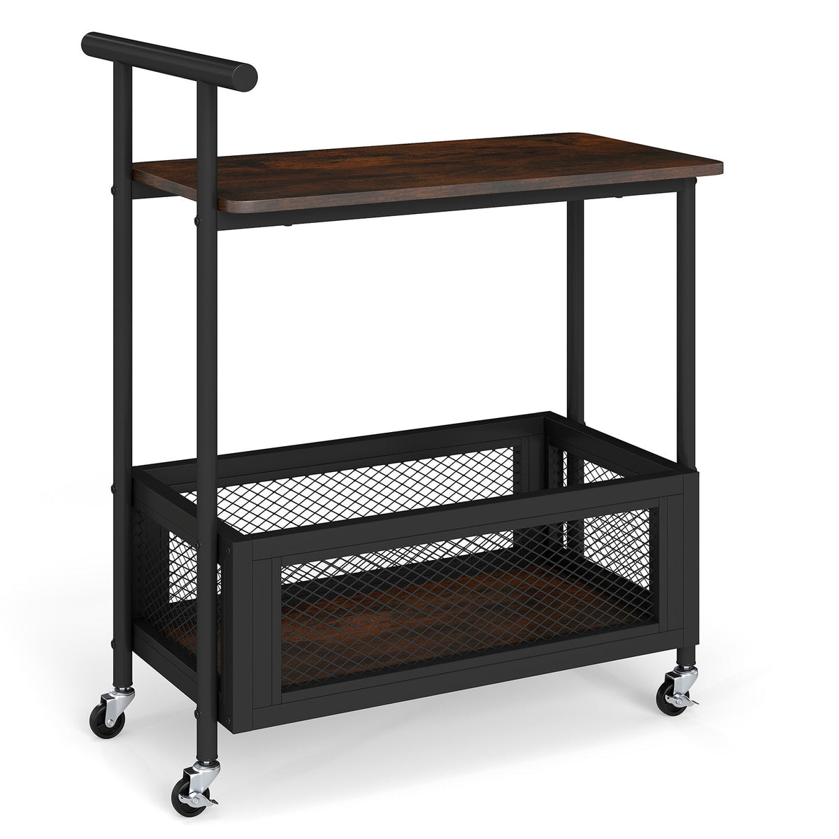 2-tier rolling end table with handle, dark frame, mesh lower shelf, caster wheels