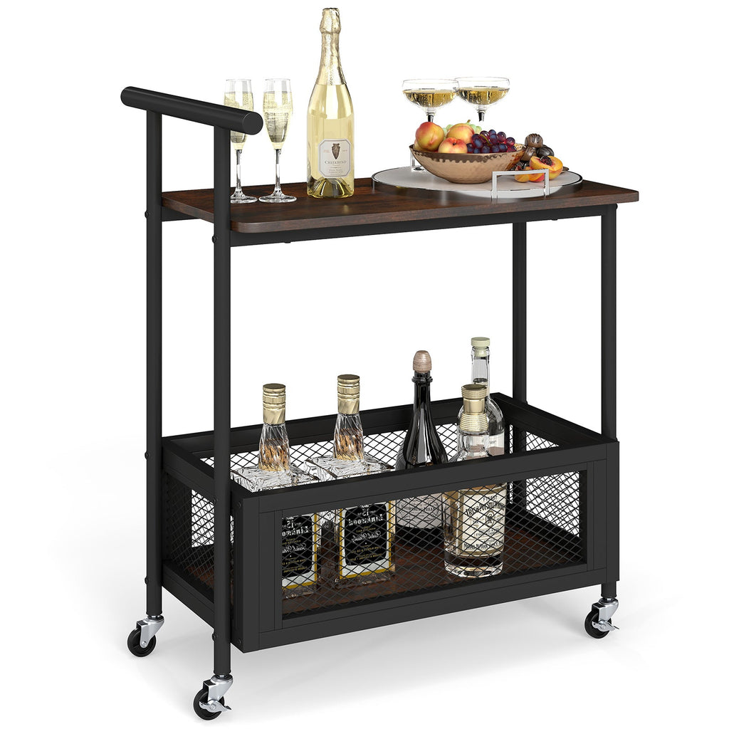 2-tier rolling end table with handle, tabletop with glassware and bottles, mesh shelves