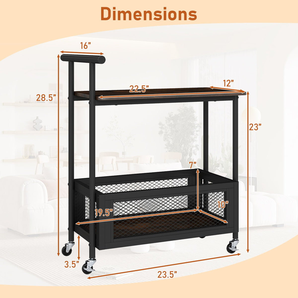 2-tier rolling end table with handle, rustic brown tabletop, mesh bottom shelf, wheels