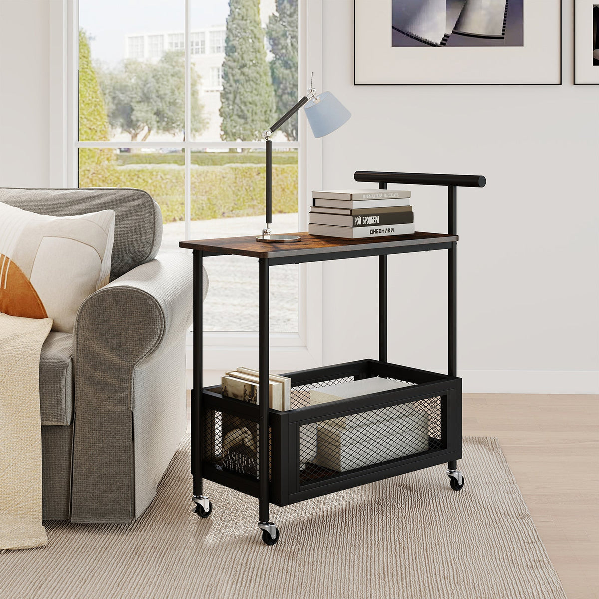2-tier rolling end table with handle in living room, mesh shelves and rustic brown top