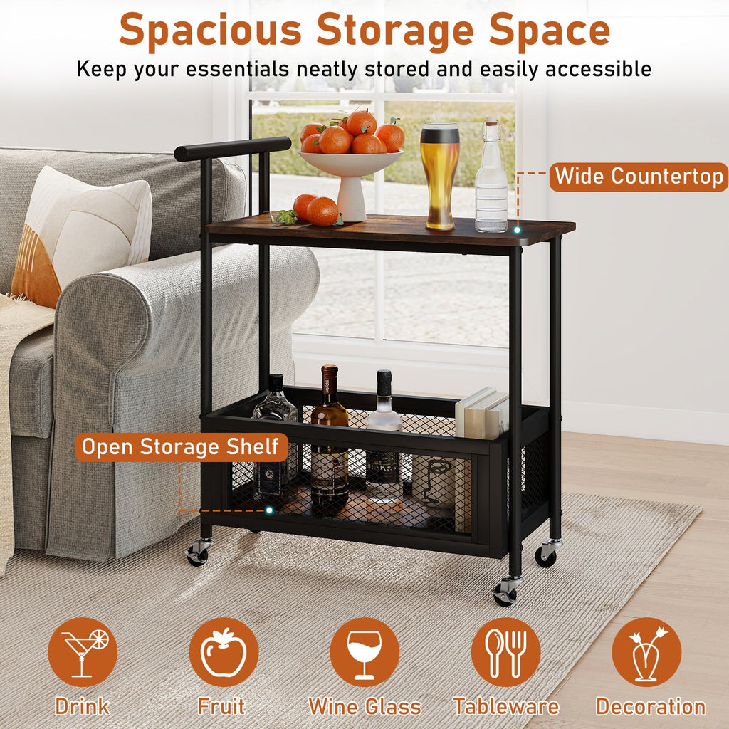 2-tier rolling end table with handle, open mesh storage and wide countertop on casters