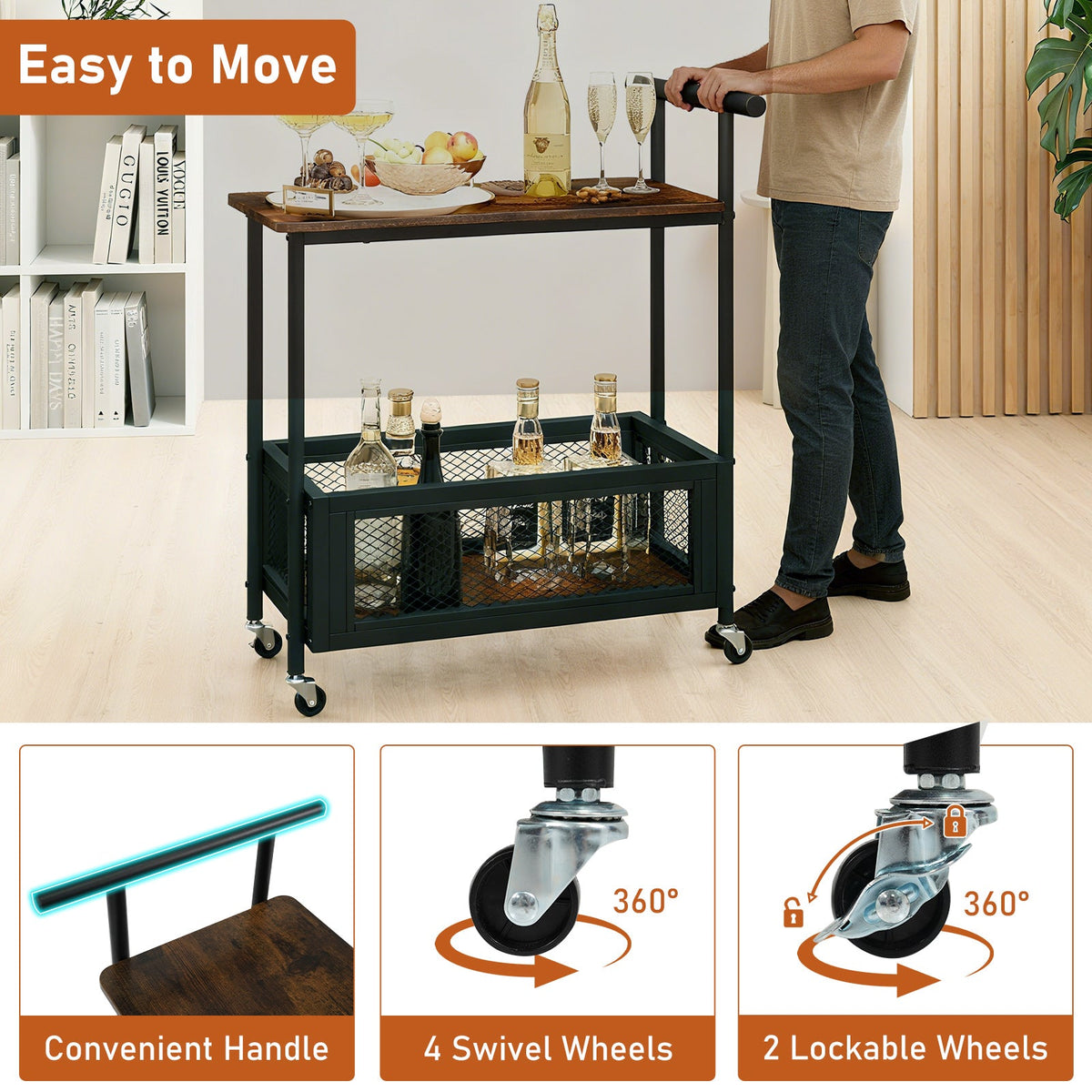 2-tier rolling end table with handle, mesh basket shelves, person moving it on wheels