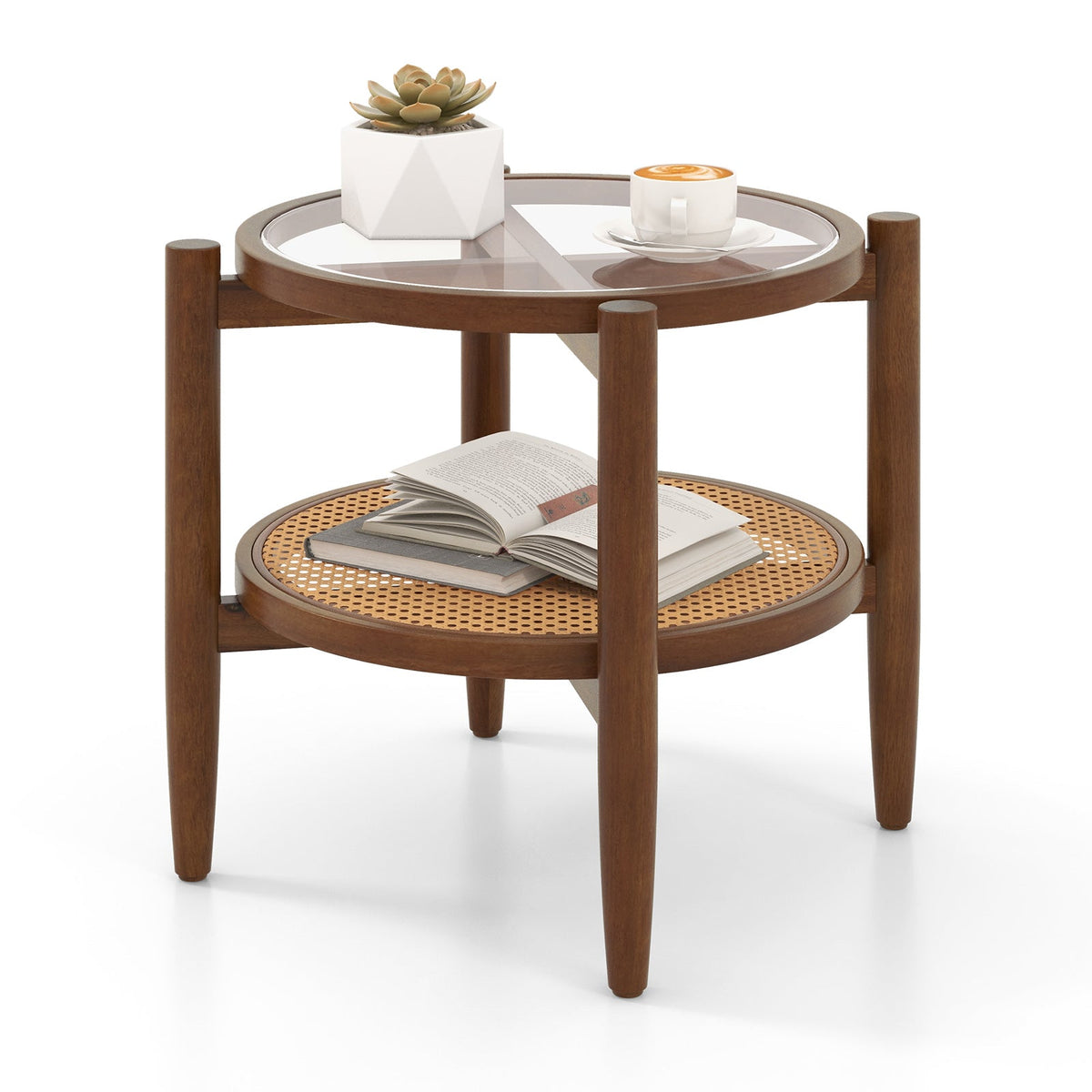 Round rattan side table with tempered glass tabletop and woven lower shelf, sturdy wooden legs