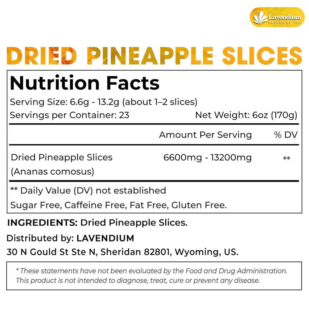 Dried pineapple slices package nutrition label, net weight 6 oz (170g)