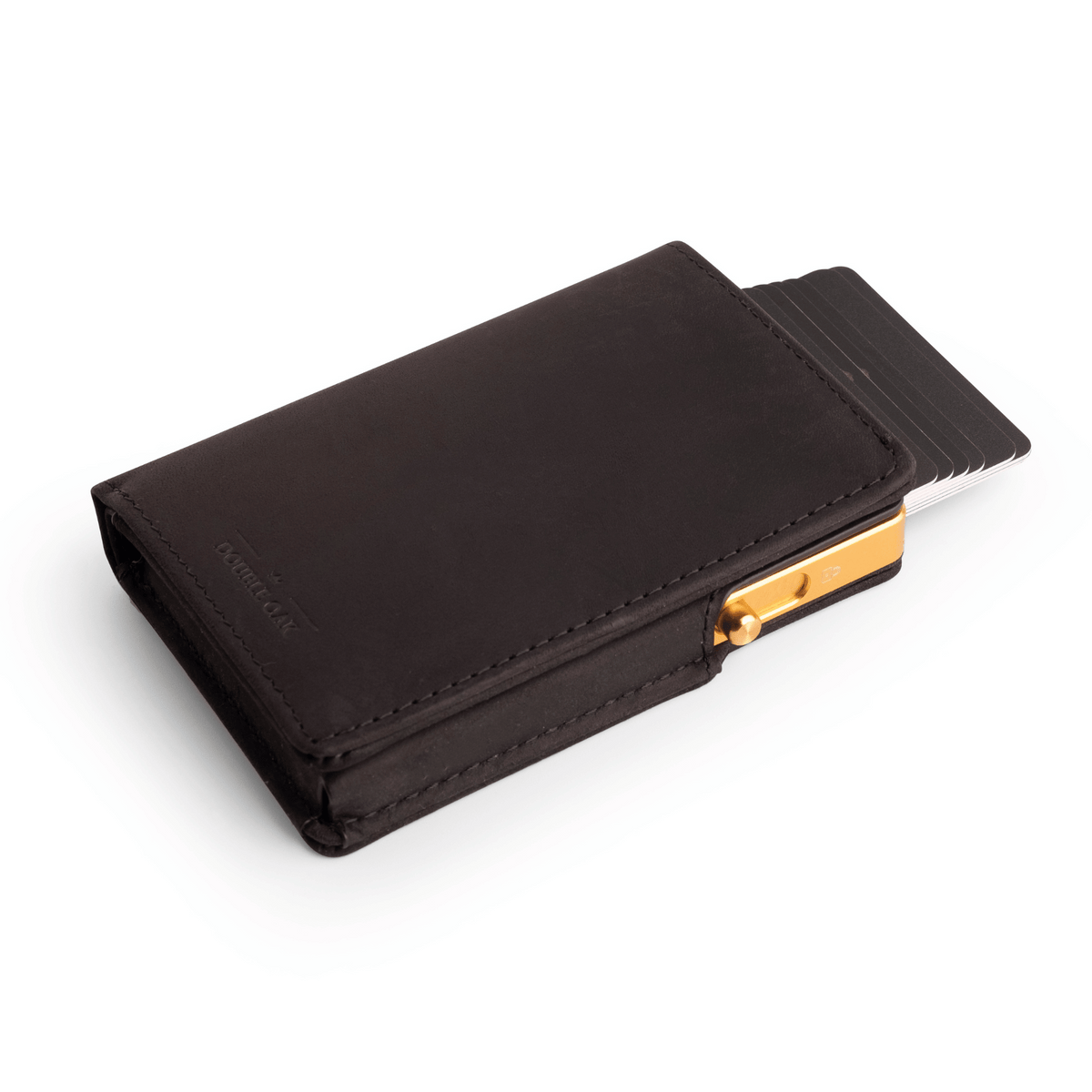 Dark brown leather bifold wallet with gold clasp and card slots, front view.