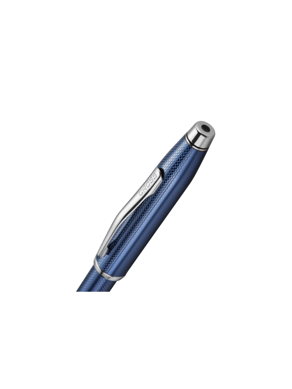 Cobalt blue translucent ballpoint pen with engraved diamond texture and metal clip