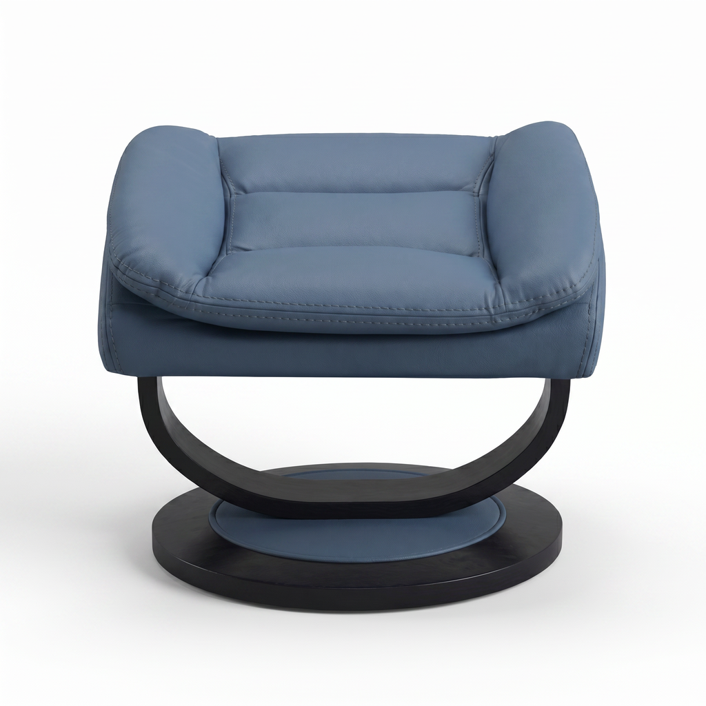 Blue recliner chair with ottoman, rounded back and thick cushions on swivel base