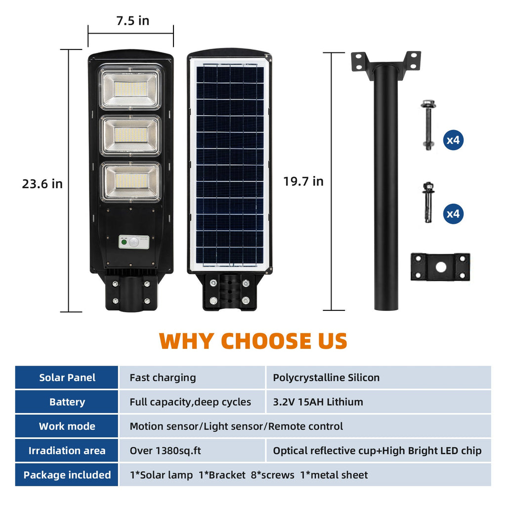 Solar street LED light with solar panel, three LED modules, and mounting bracket set