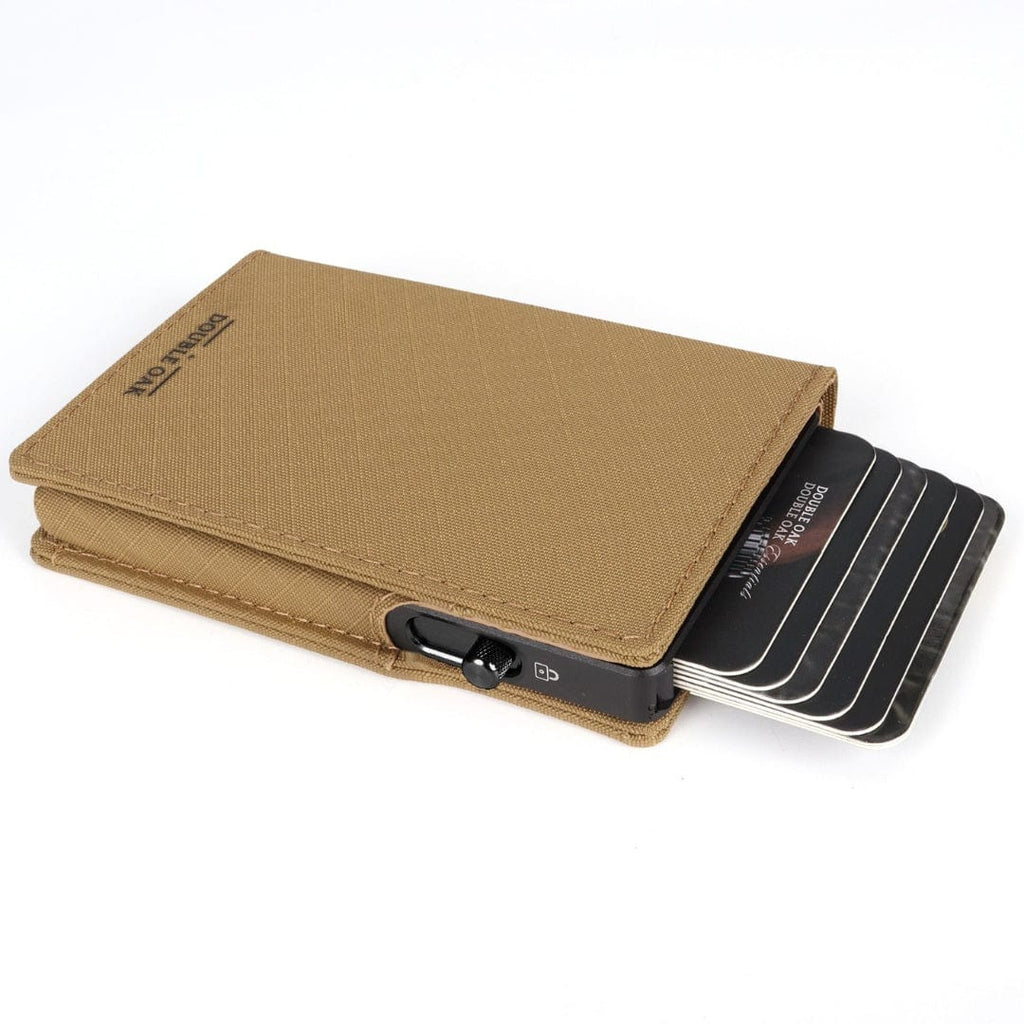 Tan fabric bifold wallet with snap closure and striped card holder