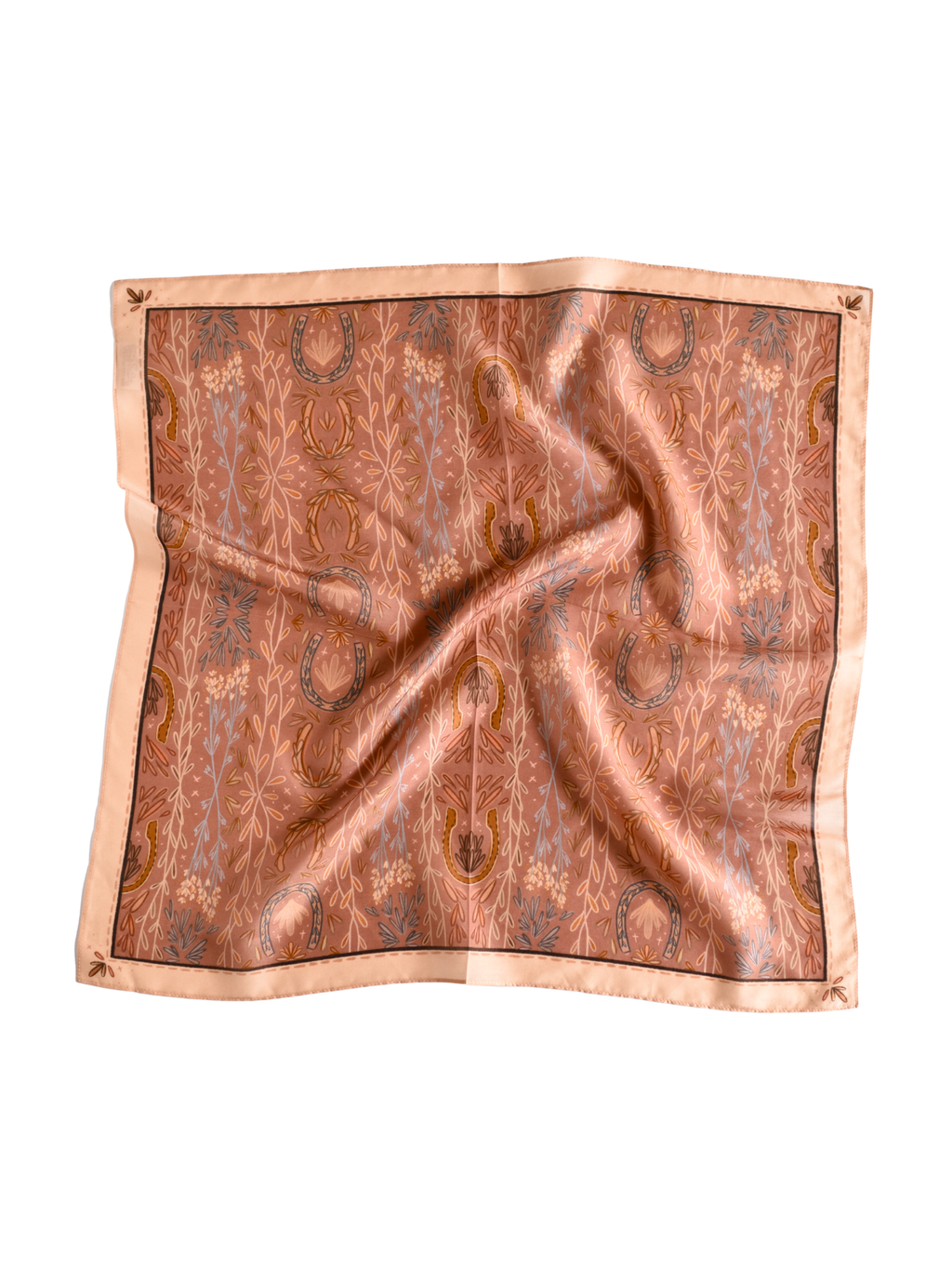Dusty rose silk wild rag scarf with paisley and floral pattern, light satin border