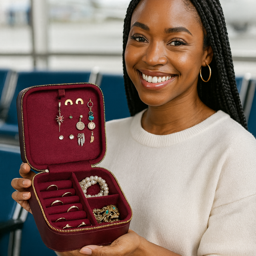Red velvet jewelry box open, showing ring rows and necklace space with gold-trimmed compartments
