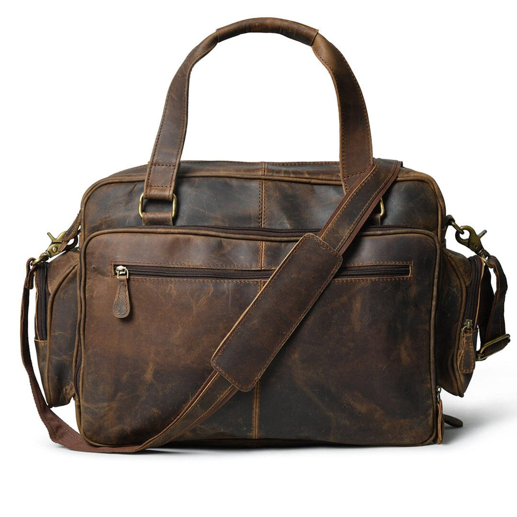 Brown buffalo leather office briefcase with top handle and crossbody strap