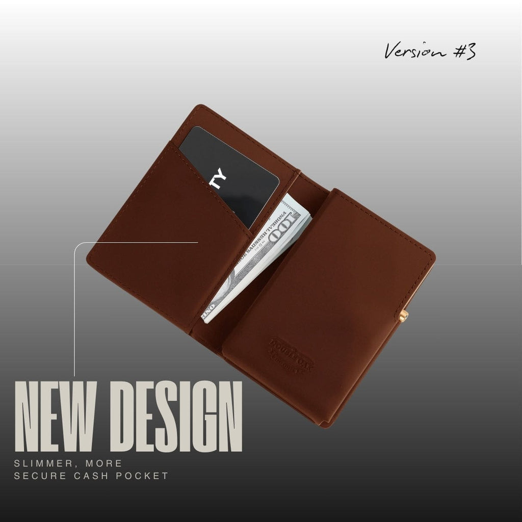 Brown bifold wallet with gold-tone snap, opened showing cash pocket
