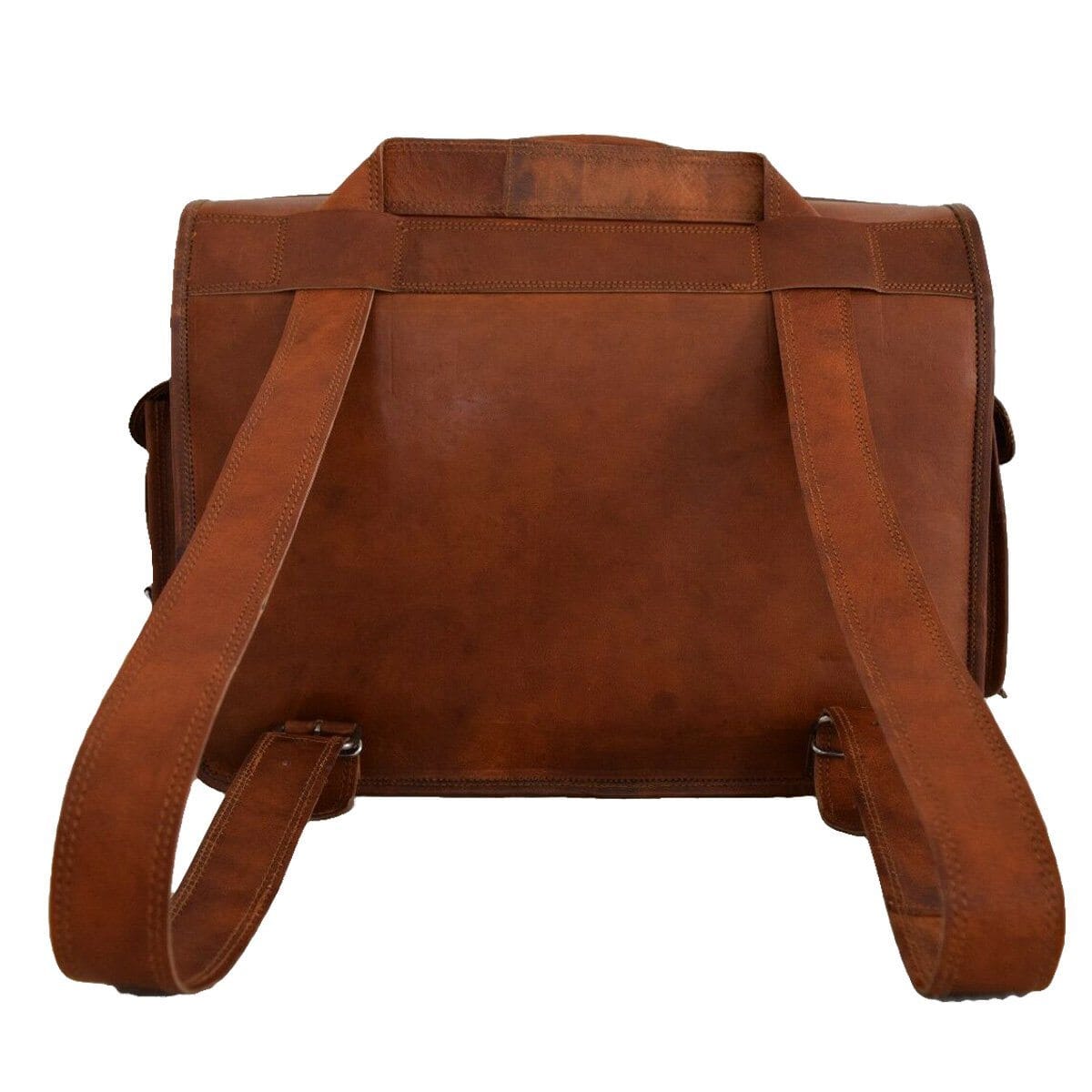 Brown leather messenger backpack back panel with shoulder straps and buckle hardware