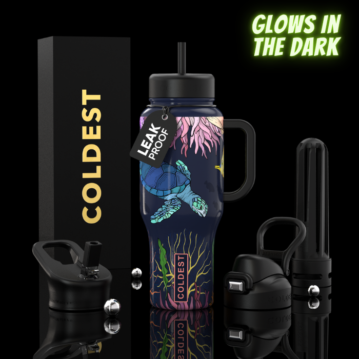 COLDEST 36oz insulated water bottle with handle, dark sea-creature print, straw lid